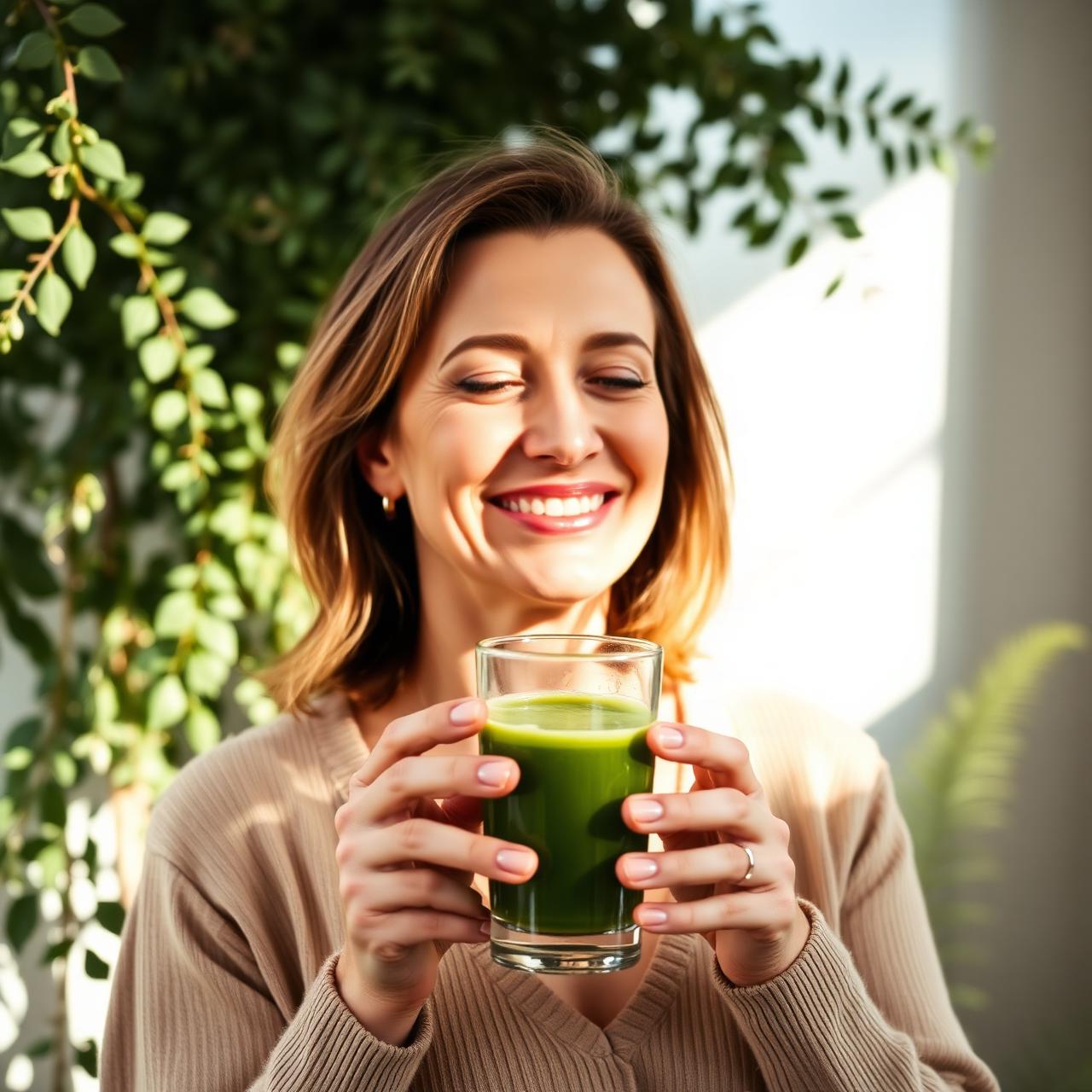 A woman enjoying a fresh green vitality drink in morning light